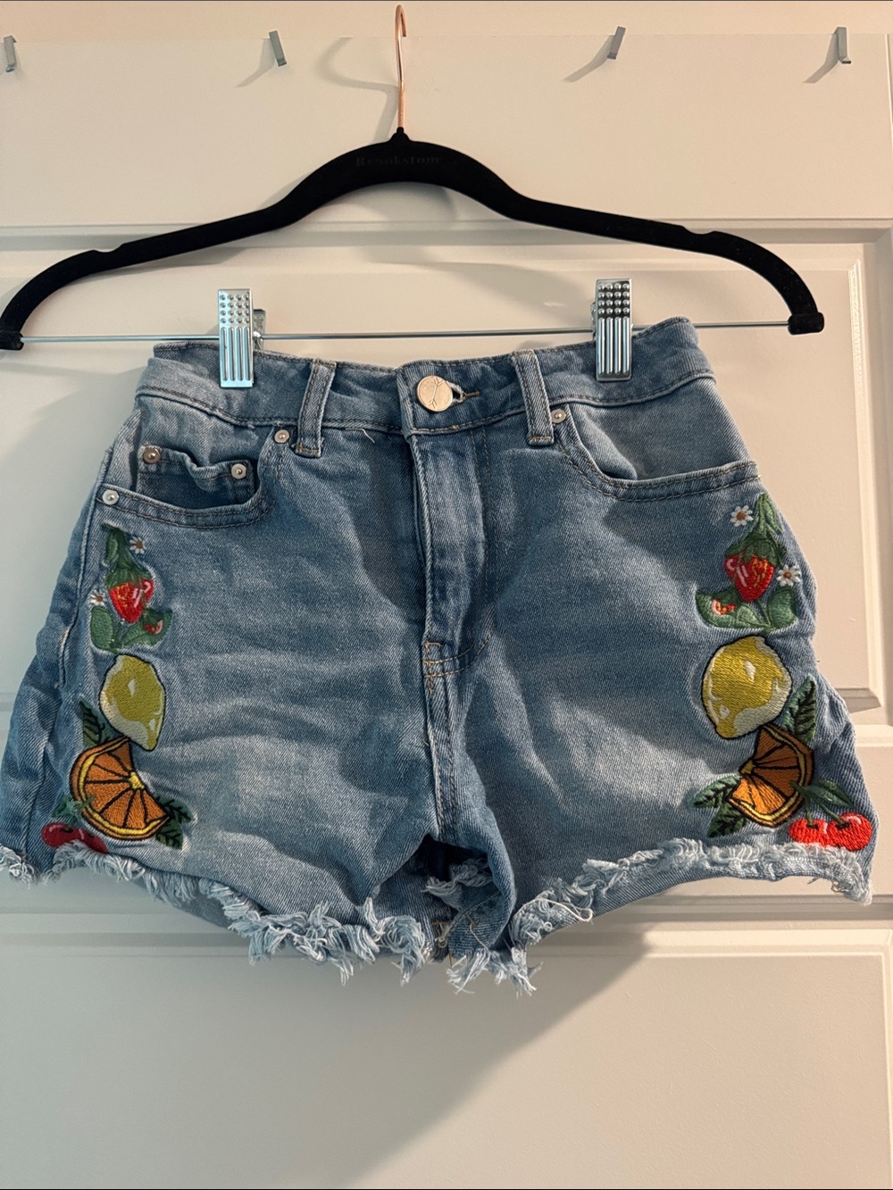 Embroidered Fruit Light Blue Denim Shorts